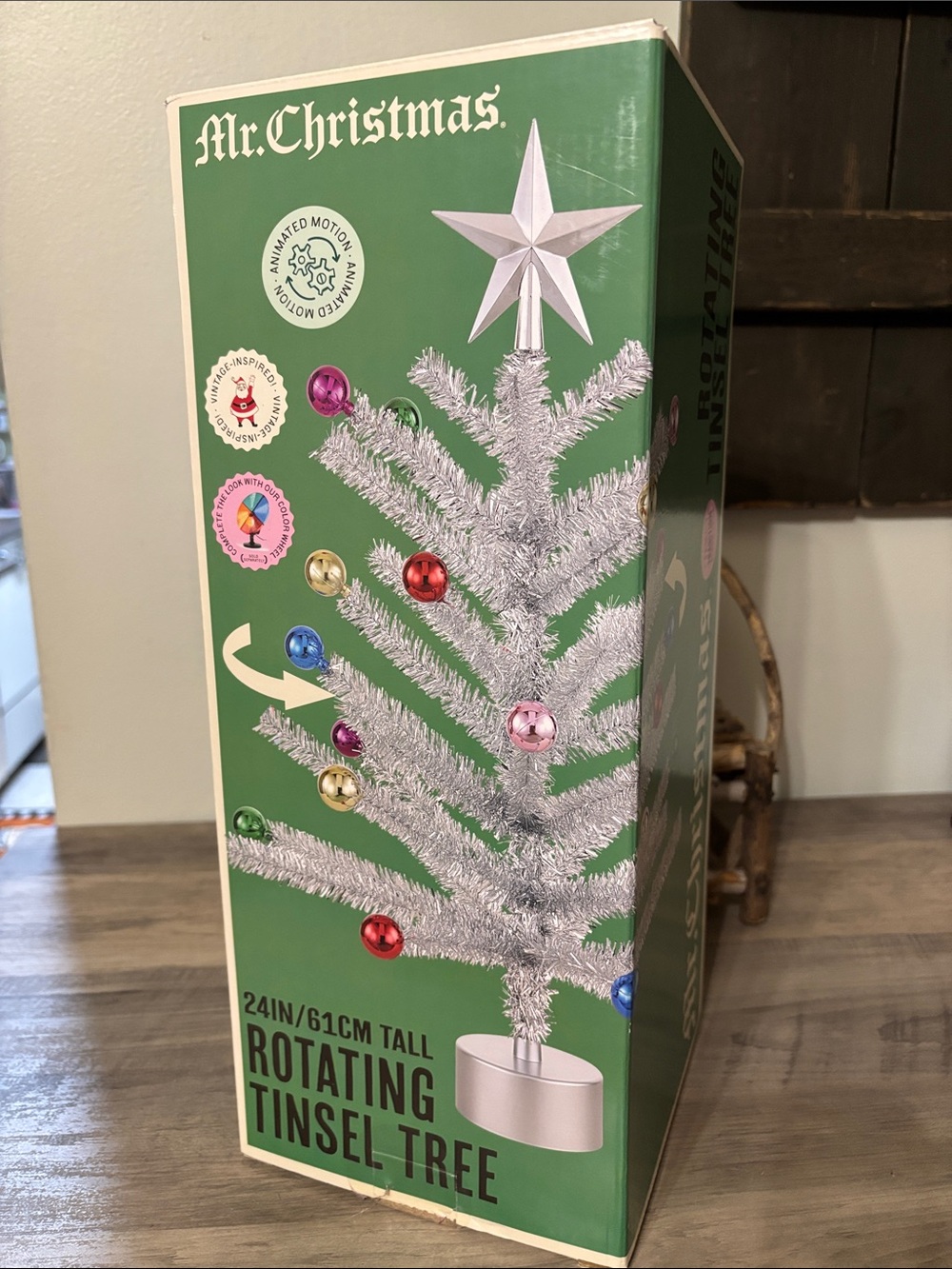 Mr Christmas 24" Rotating Tinsel Tree Silver Retro Vintage Style Ornaments New